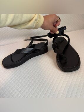 ZARA Black Leather Platform Sandals Women 38 Ankle Wrap Gladiator Thong US 7.5